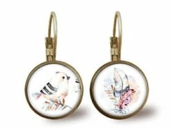 Boucles D'oreilles Cabochon -plumes De Pastel-, Cadeau De Noël Femme - Anniversaire Femme - Saint Valentin - Bronze (ref.67)