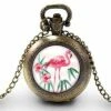 Montre à Gousset, Sautoir Illustré -le Flamingo- Cadeau De Noël Femme - Anniversaire De Femme - Saint Valentin - Bronze (ref.6)
