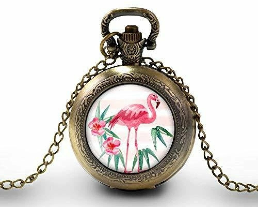 Montre à Gousset, Sautoir Illustré -le Flamingo- Cadeau De Noël Femme - Anniversaire De Femme - Saint Valentin - Bronze (ref.6) 1 Montre à Gousset, Sautoir Illustré -le Flamingo- Cadeau De Noël Femme - Anniversaire De Femme - Saint Valentin - Bronze (ref.6)