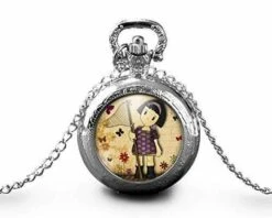 Montre à Gousset,sautoir Illustré-petite Fille-chasse Aux Papillons-cadeau De Noël Femme-anniversaire Femme-saint Valentin-argent (ref.27a)