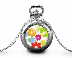 Montre à Gousset, Sautoir Illustré -fleurs Colorées-, Femme Cadeau De Noël - Anniversaire Femme - Saint Valentin - Argent (ref.68a)