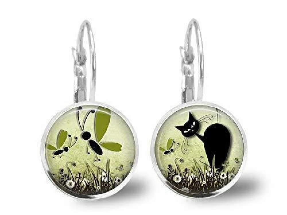 Boucles D'oreilles Cabochon -le Chat Dans Le Pré-,cadeau De Noël Femme -anniversaire Femme - Saint Valentin - Argent Antique (ref.70-2a) Fba 1 Boucles D'oreilles Cabochon -le Chat Dans Le Pré-,cadeau De Noël Femme -anniversaire Femme - Saint Valentin - Argent Antique (ref.70-2a) Fba