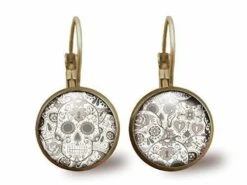 Boucles D'oreilles Cabochon -l Crâne Noir Et Blanc-, Cadeau De Noël Femme - Anniversaire Femme - Saint Valentin - Bronze (ref.62)