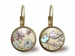 Boucles D'oreilles Cabochon, Petites Boucles D'oreilles Illustrées, -fleurs Pastel-, Cadeau De Noël Femme - Saint Valentin - Bronze