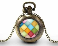 Montre à Gousset, Sautoir Illustré - Diamant -arlequin- Cadeau De Noël Femme - Anniversaire Femme - Saint Valentin - Bronze (ref.5)