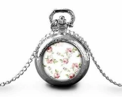 Montre à Gousset, Sautoir Illustré - Fleurs -chic Shabby- Cadeau De Noël Femme - Anniversaire Femme - Saint Valentin - Argent (ref.14a)
