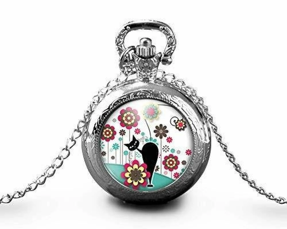 Montre à Gousset,sautoir Illustré-chat, Fleur-le Chat Dans Le Pré-femme, Cadeau De Noël-anniversaire Femme-saint Valentin -argent (ref.30a) 1 Montre à Gousset,sautoir Illustré-chat, Fleur-le Chat Dans Le Pré-femme, Cadeau De Noël-anniversaire Femme-saint Valentin -argent (ref.30a)