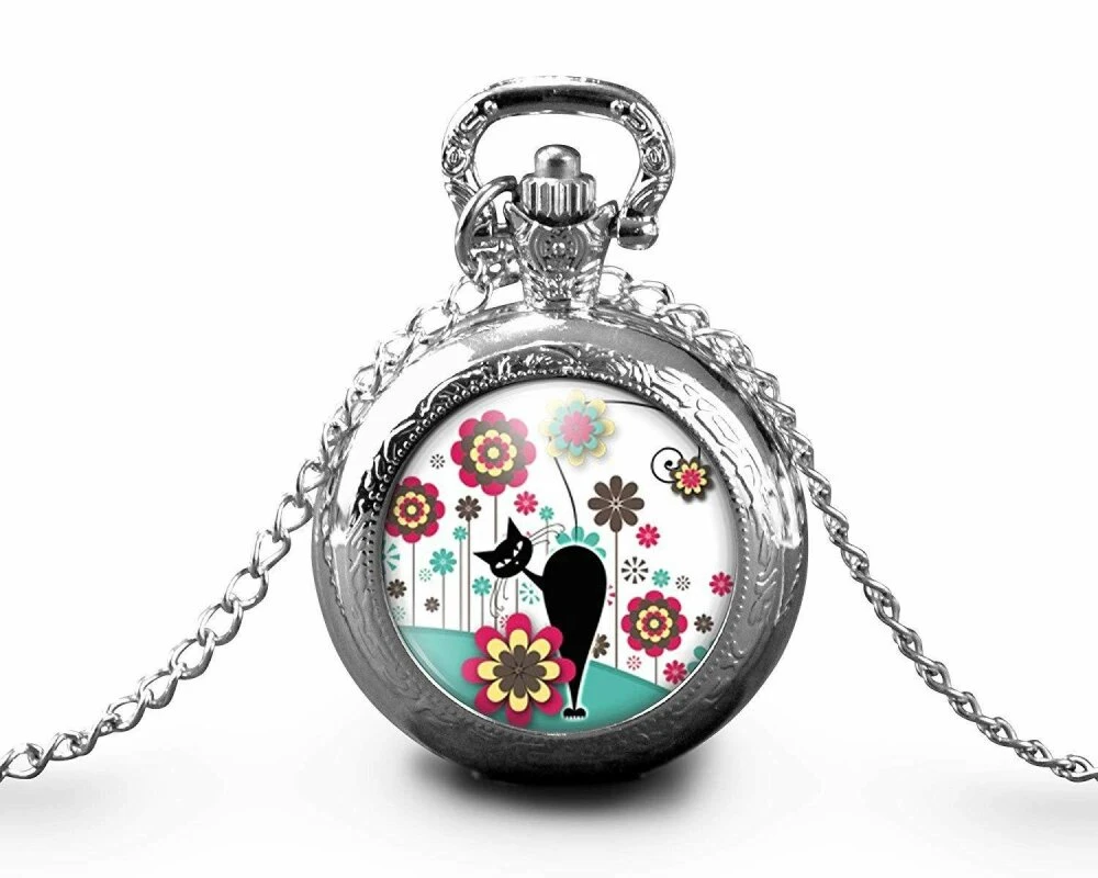 Montre à Gousset,sautoir Illustré-chat, Fleur-le Chat Dans Le Pré-femme, Cadeau De Noël-anniversaire Femme-saint Valentin -argent (ref.30a) 2 Montre à Gousset,sautoir Illustré-chat, Fleur-le Chat Dans Le Pré-femme, Cadeau De Noël-anniversaire Femme-saint Valentin -argent (ref.30a) – Image 2