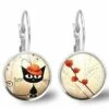 Boucles D'oreilles Chat Cabochon -le Chat Au Chapeau-cadeau De Noël Femme - Anniversaire Femme - Saint Valentin - Argent Antique (ref.29a)