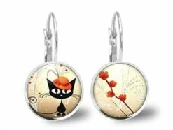 Boucles D'oreilles Chat Cabochon -le Chat Au Chapeau-cadeau De Noël Femme - Anniversaire Femme - Saint Valentin - Argent Antique (ref.29a)
