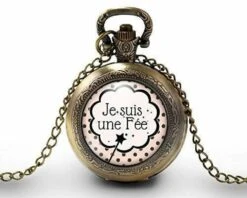 Montre à Gousset,sautoir Illustré-petite Baguette-je Suis Une Fée-cadeau De Noël Femme-anniversaire De Femme-saint Valentin-bronze (ref.37)