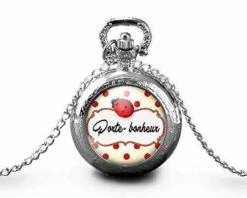 Montre à Gousset, Sautoir Illustré -le Porte-bonheur-, Femme Cadeau De Noël - Femme Anniversaire - Saint Valentin - Argent (ref.56a)