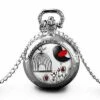 Montre à Gousset,sautoir Illustré-oiseau,cage-l'oiseau Noir Et Rouge-cadeau De Noël Femme-anniversaire Femme-saint Valentin-argent(ref.51a)
