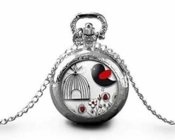 Montre à Gousset,sautoir Illustré-oiseau,cage-l'oiseau Noir Et Rouge-cadeau De Noël Femme-anniversaire Femme-saint Valentin-argent(ref.51a)