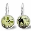 Boucles D'oreilles Cabochon -le Chat Dans Le Pré-, Cadeau De Noël Femme - Anniversaire Femme - Saint Valentin - Argent Antique (ref.70-3a)