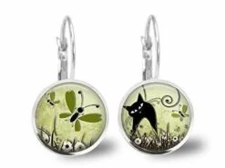 Boucles D'oreilles Cabochon -le Chat Dans Le Pré-, Cadeau De Noël Femme - Anniversaire Femme - Saint Valentin - Argent Antique (ref.70-3a)