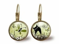 Boucles D'oreilles Cabochon -le Chat Dans Le Pré-, Cadeau De Noël Femme - Anniversaire Femme - Saint Valentin - Bronze (ref.70-3)