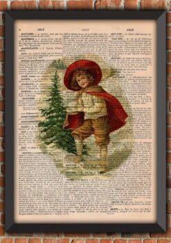 Noël Vintage Chromo Couronne Gui Hotte Neige Retro Décoration Murale Cadeau Poster Original Dictionnaire Page Impression