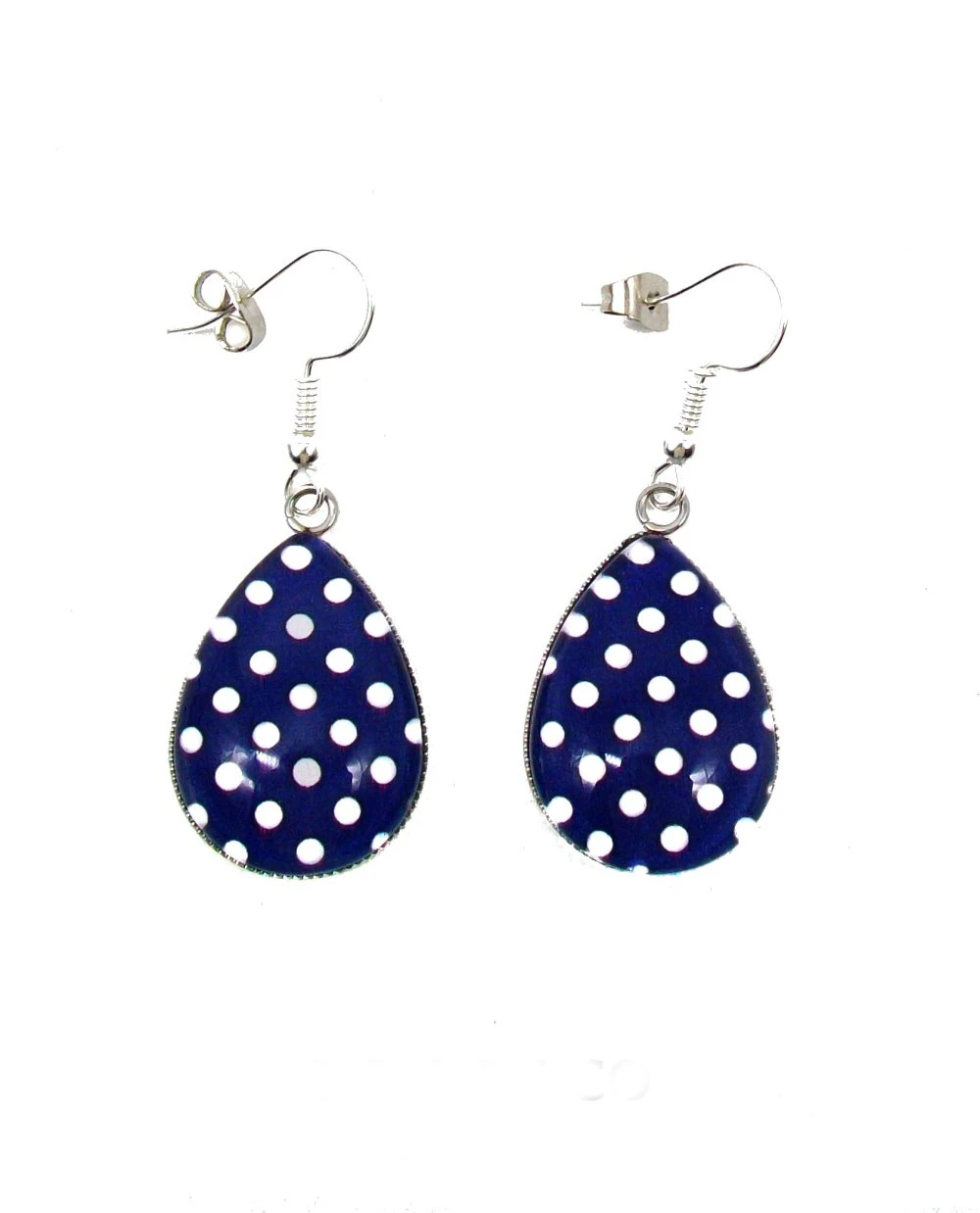 Collier, Pendentif, Goutte, Cabochon * Bleu Marine * Pois, Blanc, Argenté, Femme, Fantaisie, Cadeau Pour Elle, Noël. 2 Collier, Pendentif, Goutte, Cabochon * Bleu Marine * Pois, Blanc, Argenté, Femme, Fantaisie, Cadeau Pour Elle, Noël. – Image 2