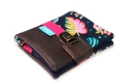 Portefeuille Attache Cartable En Similicuir Marron Tissu Fleurs, Petit Portefeuille Femme Faux Cuir Fait Main, Cadeau Original Femme Noël