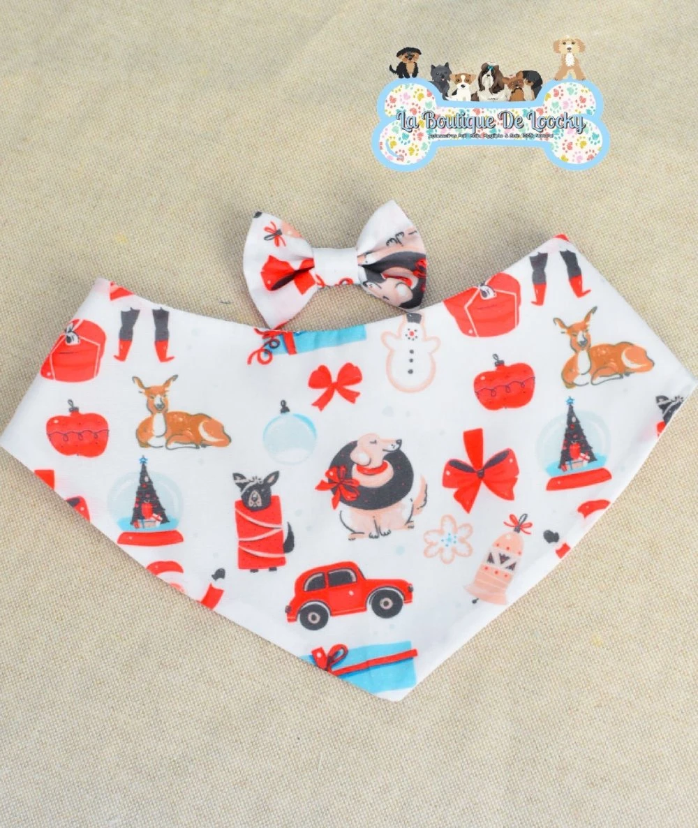 Bandana Blanc Motif Noël Pour Chien & Chat Avec Noeud Assorti 1 Bandana Blanc Motif Noël Pour Chien & Chat Avec Noeud Assorti