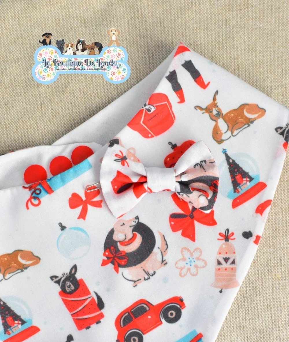Bandana Blanc Motif Noël Pour Chien & Chat Avec Noeud Assorti 2 Bandana Blanc Motif Noël Pour Chien & Chat Avec Noeud Assorti – Image 2