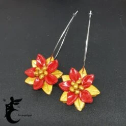 Boucles D'oreilles Créoles Poinsettias Rouge Et Or - Un Bijou Artisanal Pour Noël