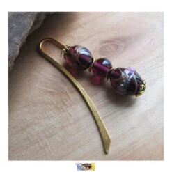 Marque-pages "romantique" - Perles Lampwork Verre Tchèque Prune/or/lilas - Métal Or, Signet Noël