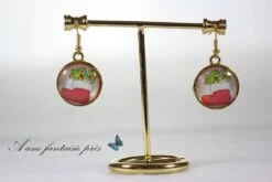 Boucle D'oreille Doré Cabochon Botte De Noël