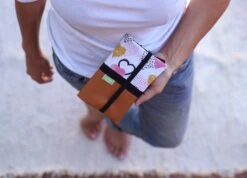 Portefeuille Femme Cuir Caramel Tissu Motif Coeurs, Portefeuille Chéquier Cuir Avec élastique, Cadeau Femme Noël