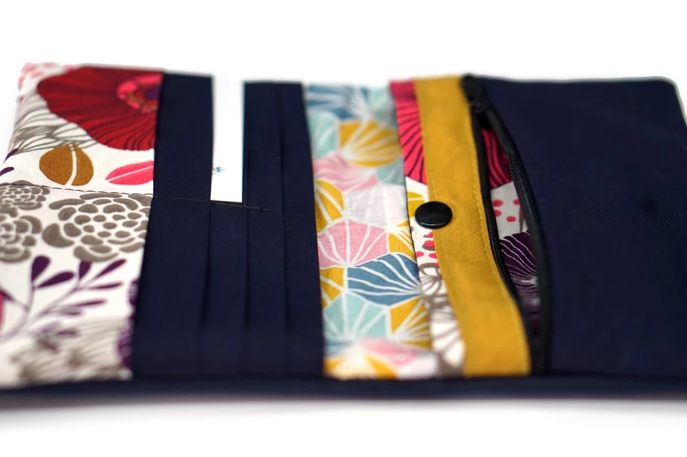 Portefeuille Cuir Marine Tissu Fleurs Femme, Portefeuille Attache Cartable En Cuir, Cadeau Femme Noël 6 Portefeuille Cuir Marine Tissu Fleurs Femme, Portefeuille Attache Cartable En Cuir, Cadeau Femme Noël – Image 6