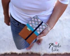 Portefeuille Femme Cuir Caramel Tissu Japonais, Portefeuille Chéquier Cuir Avec élastique, Cadeau Femme Noël