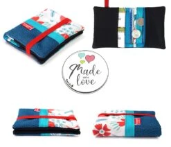 Portefeuille Femme Cuir Turquoise Tissu Fleurs, Porte Cartes Cuir Floral, Cadeau Femme Personnalisable Noël