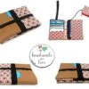 Portefeuille Original Femme Cuir Caramel Tissu Japonais, Porte Cartes Tissu Rose, Cadeau Femme Noël Personnalisable