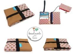 Portefeuille Original Femme Cuir Caramel Tissu Japonais, Porte Cartes Tissu Rose, Cadeau Femme Noël Personnalisable