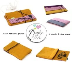 Trousse Rangement Câbles Et Souris Personnalisable En Velours Moutarde Tissu Japonais, Cadeau Sur Mesure Femme Noël