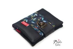 Portefeuille Cartable Cuir Noir Femme Tissu Boho Plumes, Porte Cartes Tissu Nature, Cadeau Femme Noël