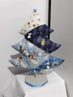 Sapin En Patch Décoration De Noël Coton Patch Bleu Clair, Marine, Or Devant Et Dos Ange Or Sur Bleu Marine H 37 X L 32 Fait Main