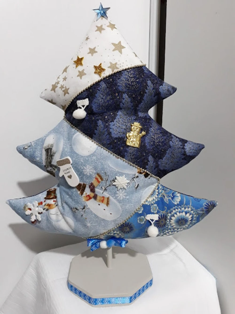 Sapin En Patch Décoration De Noël Coton Patch Bleu Clair, Marine, Or Devant Et Dos Ange Or Sur Bleu Marine H 37 X L 32 Fait Main 2 Sapin En Patch Décoration De Noël Coton Patch Bleu Clair, Marine, Or Devant Et Dos Ange Or Sur Bleu Marine H 37 X L 32 Fait Main – Image 2