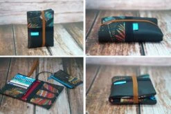 Portefeuille Boho Femme Cuir Noir Tissu Plumes, Porte Cartes Tissu Bohème, Cadeau Original Femme Noël Personnalisable