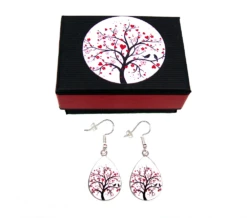 Boucles D'oreilles Cabochon + Coffret * Arbre Coeurs * Oiseaux, Arbre De Vie, Pendantes, Gouttes, Idées Cadeaux, Noël