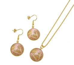 Boucles D'oreilles Et Collier * Palme D'or * Rose, Doré, Bijoux Femme, Fantaisie, Parure, Idée Cadeau, Noël, Anniversaire