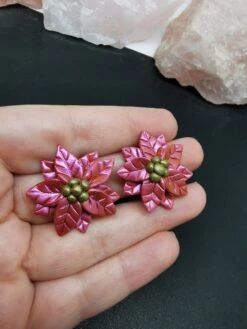 Boucle D'oreilles Clips Poinsettia - Fleur De Noël - Bijou Fait Main - Oreilles Non Percées
