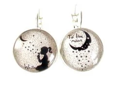 Boucles D'oreilles, Cabochon * étoiles Et Lune *gris, Noir , Pendantes, Dépareillées Noël