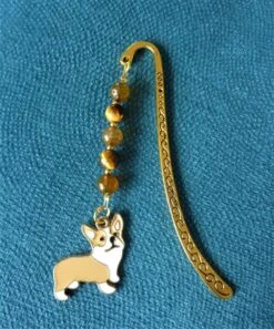 Marque Page Chien Corgi Anglais émail, Alliage Or Pierres Naturelles Agate œil De Tigre Femme Enfant Cadeau Fête Anniversaire Noël