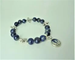 Bracelet Médaille Vierge Marie Lourdes Femme Pierre Naturelle Lapis Lazuli Bijou Croix Main France Cadeau Fête Noël Anniversaire
