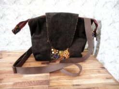 Sac à Main Femme Homme, Velours Côtelé Marron Foncé, Coton Bulles Colorées, Sac Végan Bandoulière, Cadeau Anniversaire Noël,