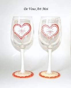 Duo Verre à Vin Noël,motif Coeur Blanc Rouge,fait Main