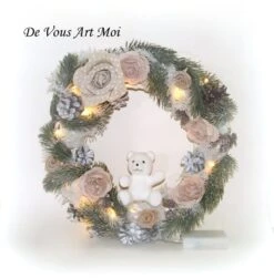 Couronne Ourson Blanc Noël,couronne De Noël Lumineuse,fait Artisanale