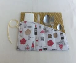 Pochette Molletonnée Pour Rangement Porte Couverts Et Serviette, étui En Tissu Sur Le Thème Du Vin, Trousse Nomade à Rouler Cadeau Noël
